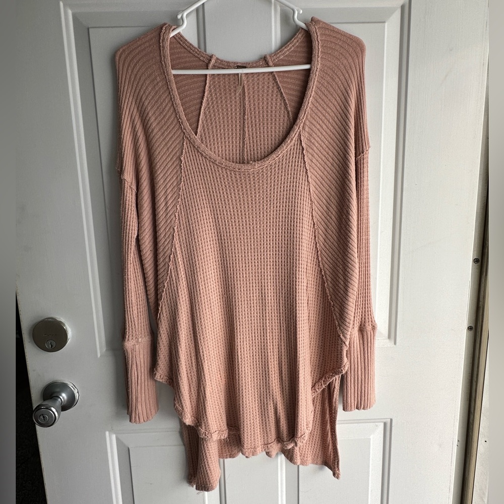 Free People Pink Ventura Waffle Knit Long Sleeve Tunic Top thermal